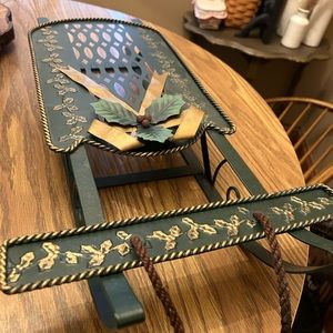 Christmas sled - metal - holly - 12" x 24 / holiday decor